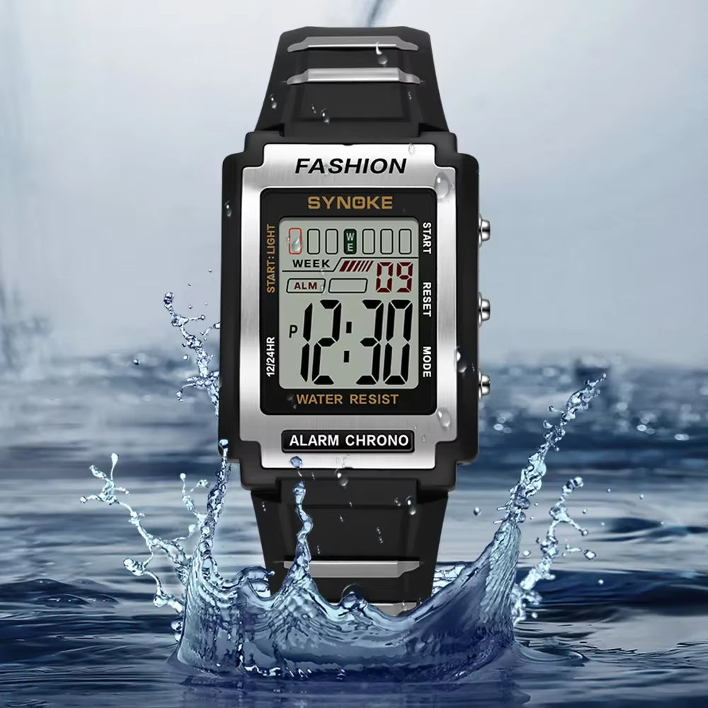 Men's Rectangular Sports Electronic Watch - Waterproof 50M, Night Light, Large Screen, Alarm Clock, Retro Trend Design