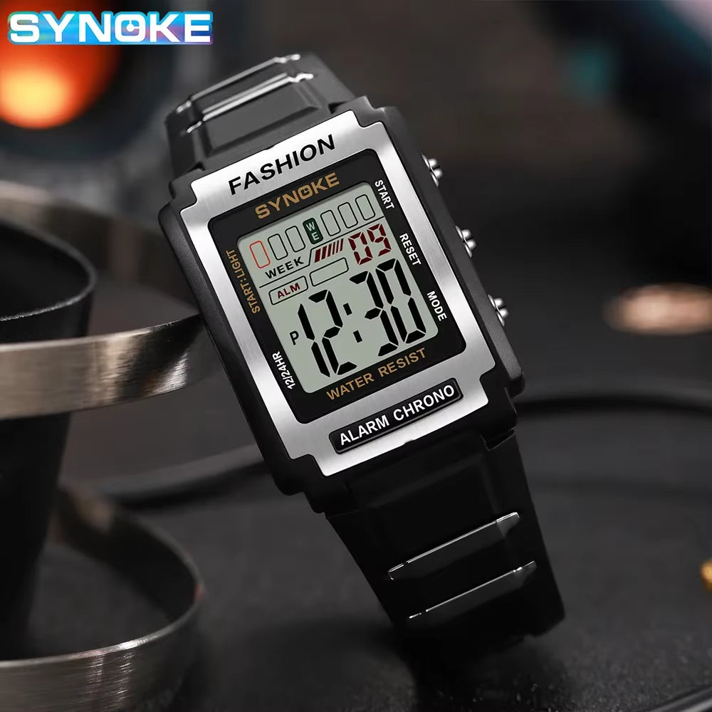 Men's Rectangular Sports Electronic Watch - Waterproof 50M, Night Light, Large Screen, Alarm Clock, Retro Trend Design
