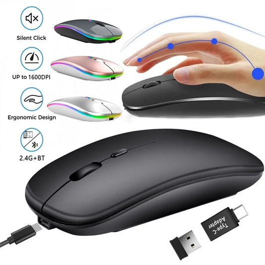Rechargeable Dual-Mode Wireless Mouse with Bluetooth and 2.4GHz Connectivity for PC, Laptop, and MacBook